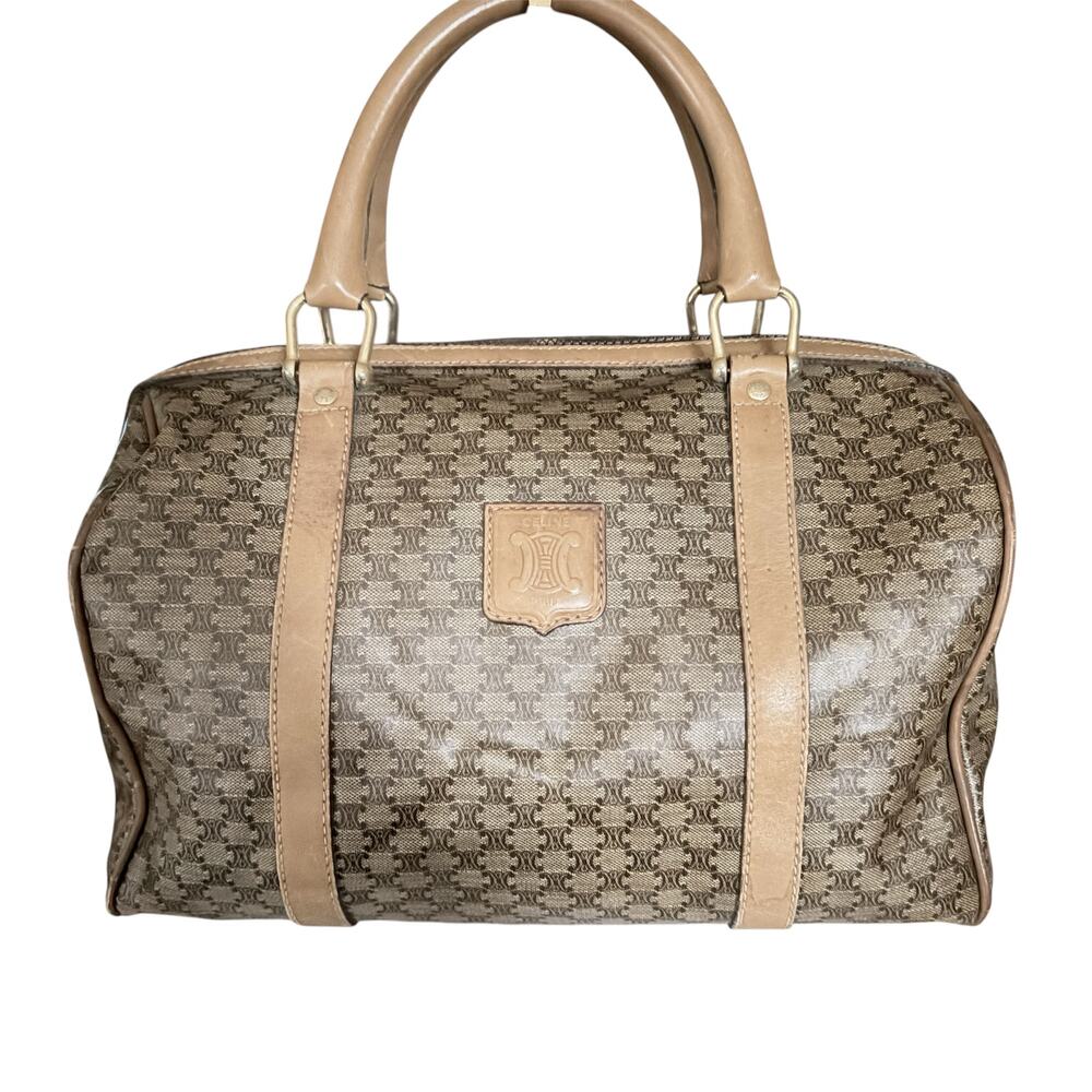 Vintage Céline Macadam Monogram Coated Canvas Boston Bag Tan Leather Trim